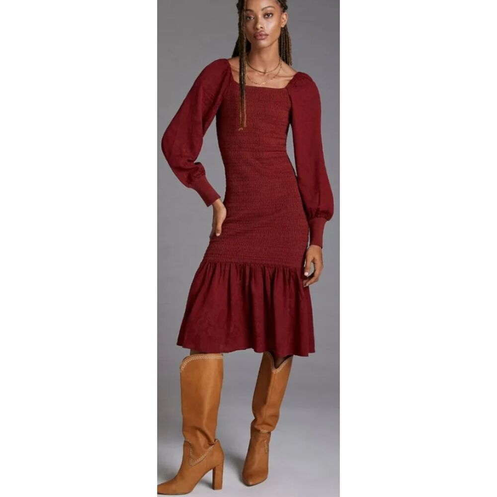 NWTs Anthropologie Smocked Midi Long Sleeve Dress Burgundy